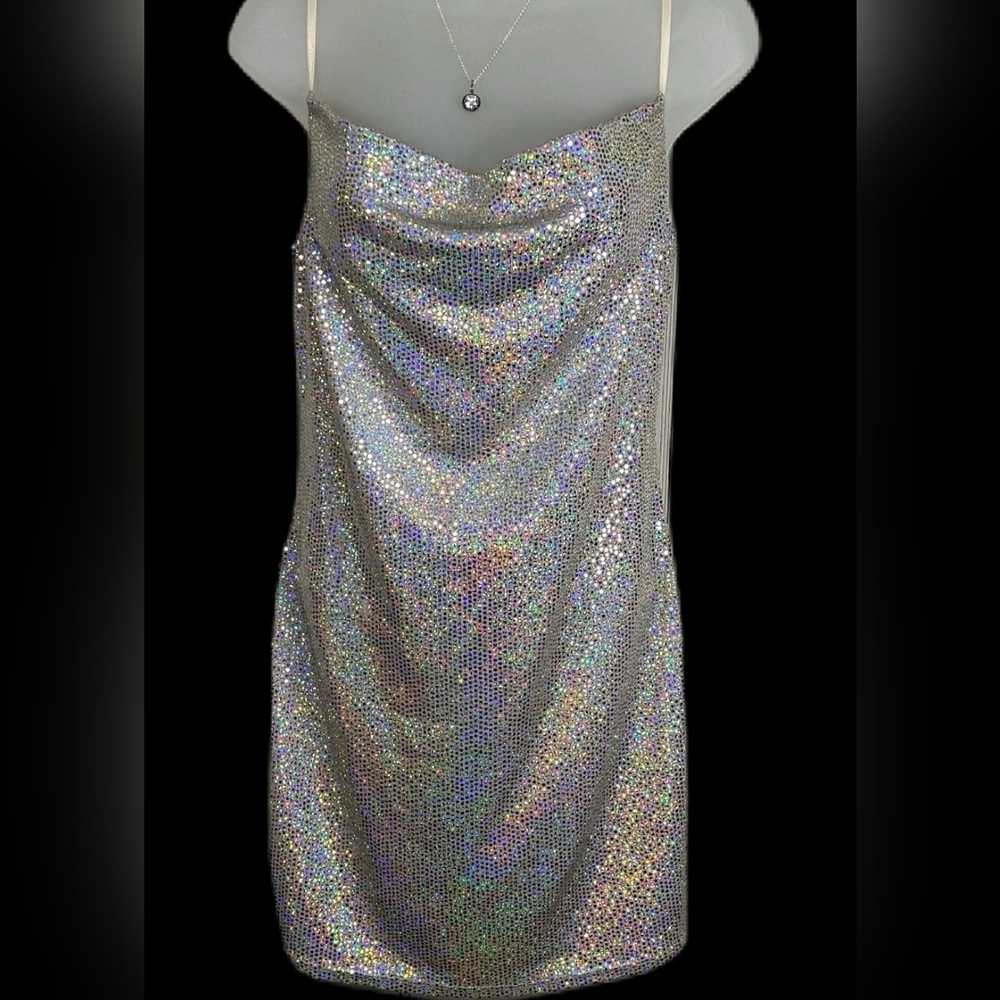 Thirty Thirty LA Womens Sequin Slip Dress Xl Cowl Neck Silver Swiftie Hoco Nwt